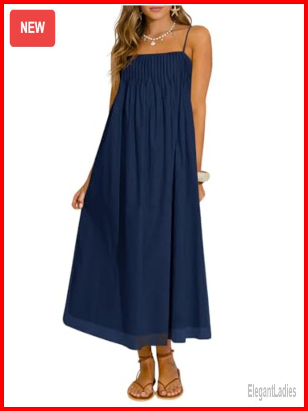Women's Boho Maxi Dress Spaghetti Strap Chiffon Sundress Pleated Square Neck